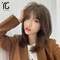 Wig womens short hair Full real hair head cover Hand woven needle natural real hair Medium long hair clavicle hair wig set