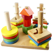 Monsoon Child Early Education Puzzle Toy Wooden Building Blocks Solid Geometry Matching Five-Column Teaching Aids Suit