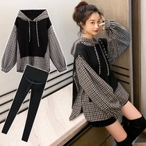 Maternity 2021 Autumn Fashion Splice Slimming Personality Hooded Sweater Plus Size Fake Two Pieces Vintage Plaid Top