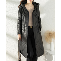 2021 New Winter Leather Down Jacket Womens Long Sheep Leather Large Size Loose Skinny Haining Fashion Leather Jacket
