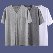Middle-aged cotton undershirt Short-sleeved T-shirt mens buckle cardigan Cotton loose old man shirt Dad placket vest