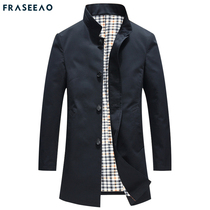 Faxio mens cotton windbreaker stand-up collar jacket Mens medium and long casual plaid lined jacket spring and autumn top