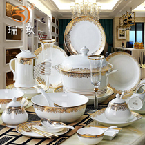 European bone china dishes and dishes tableware set for more than 10 people private clubhouse model relief gilt tableware set