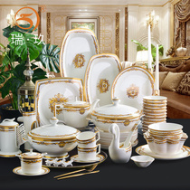 Light luxury tableware set household European 10 people bone china dishes combination Bowl plate housewarming gift box clubhouse set of tableware