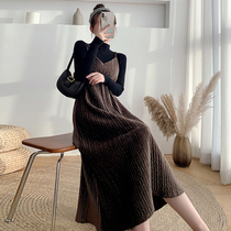 Pregnant women velvet dress autumn loose two-piece long sleeve sweater base strap dress autumn and winter