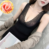 Warm Vest Woman Plus Suede Thickened Self Heating Underwear Sexy Lace Jersey Undershirt Wearing Goddess Clothing Bodice Winter