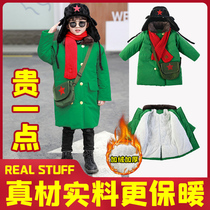 Old military cotton coat children with velvet padded warm long green cotton coat boys winter baby cotton coat