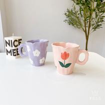  ins hand-kneaded cup Niche hand-painted tulip purple flower mug Ceramic cup hand-made retro creative gift