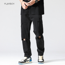 Flowers Playboy Black Broken Cave Jeans Mens Summer Thin Section High Street Beggars Loose Tide Cards Casual Straight-cylinder pants