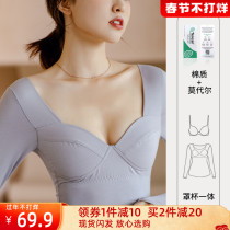 Modal warm underwear with chest pad tight autumn clothing thin low collar women's long sleeve bottoming shirt jacket autumn and winter
