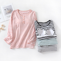 Cotton pajamas single piece womens long sleeves plus size autumn striped style with chest cushion free bra spring and autumn homewear