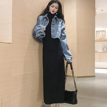 Autumn and winter 2021 New Hyuk tide this wind temperament small black skirt knitted thin knee high neck dress light mature wind