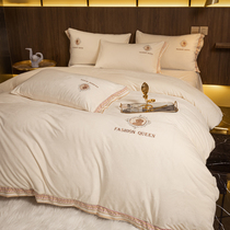 Winter thickened milk Velvet crystal velvet Nordic cotton plain sheet four-piece cotton embroidered bed hat quilt cover