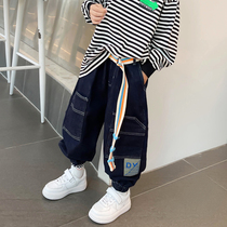 Childrens pants handsome boys denim pants autumn 2021 new fried street wide leg pants medium and large childrens loose childrens clothing