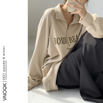 VNOOK embroidery letter long sleeve sweater female 2021 autumn new size Korean loose half zipper lapel top