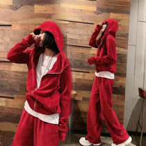 Corduroy sports suit womens new hooded sweater jacket wide leg pants loose casual two-piece female tide