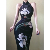 Mimo dk retro oil painting bone-etched cheongsam modified version printed halter temperament elegant long black dress