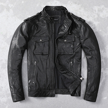 New leather leather clothing mens tanned sheep leather locomotive jacket stand collar trend mens thin spring and autumn coat