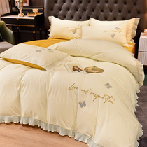 Net red embroidery Four sets of full cotton pure cotton quilts Quilt Heart Bed Skirt Type Bed Cover Non-slip Princess Wind Bed Accessories