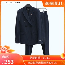 Autumn and winter suit suit mens business formal two-piece English double-breasted striped small suit professional dress