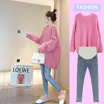 Pregnant women pants set fashion foreign style out net red autumn winter sweater 2021 New Tide hot mom belly pants