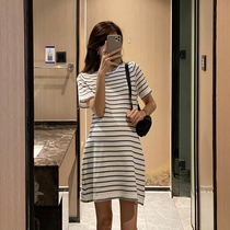 Golden cocoon maternity dress Summer knitted dress Small trendy mom striped small fragrant air quality maternity dress