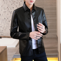 Leather mens Spring and Autumn Tide brand leather casual large size leather jacket European station Korean version of handsome lapel locomotive jacket py
