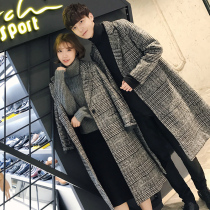 Autumn and winter New Hong Kong wind couple woolen coat 2021 trend Korean version of the thousand bird grid thick medium and long trench coat