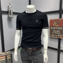 Autumn and winter New Men half sleeve knitwear simple embroidery solid color short sleeve sweater Korean trend slim base shirt