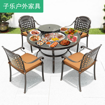 Outdoor barbecue tables and chairs courtyard balcony outdoor cast aluminum tables and chairs household barbecue round commercial barbecue table full set