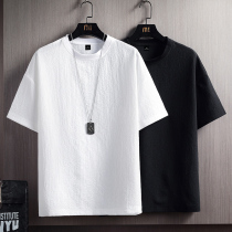 Linen short sleeve T-shirt for mens summer loose ice silk blouses summer thin trendy mens clothing white 100 hitch