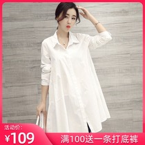 Pregnant womens shirt dress spring and autumn medium and long Korean version long sleeve summer spring top loose large size base shirt