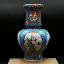 Qianlong imperial blue enamel flower and bird pattern hexagonal flat bottle antique porcelain antique collection antique ornaments