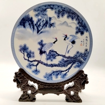 Qing Qianlong blue and white pine crane Yennian porcelain plate home set plate porch living room decoration antique feng shui plate