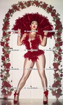 New Year Party Valentines Day Red Feather Conjoined Triangle Big Fan Suit Nightclub Dance Gogo Play Out