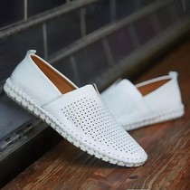 Europe station 2021 summer new leather hollow casual shoes men breathable cover foot large size cowhide Doudou leather shoes