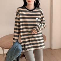 2022 Spring and autumn striped pure cotton long sleeve pregnant woman T-shirt woman blouse with undershirt suit of two sets of damp mother