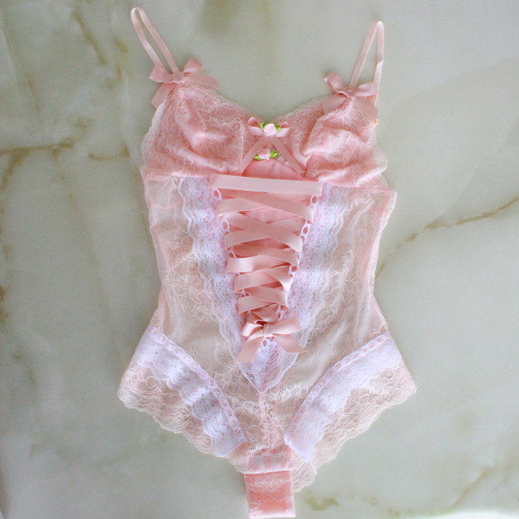 手作少女橘粉可爱性感开裆免脱情趣吊带绑带古着睡衣内衣连体衣