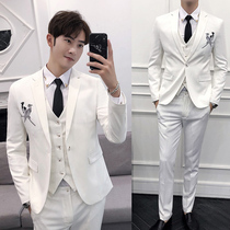 White groom wedding suit three-piece male bird embroidered Korean version slim fashion performance dress suit suit
