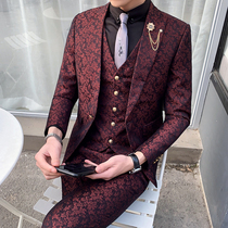 Korean trend burgundy dark flower suit three-piece thin EMCEE wedding dress host performance suit male