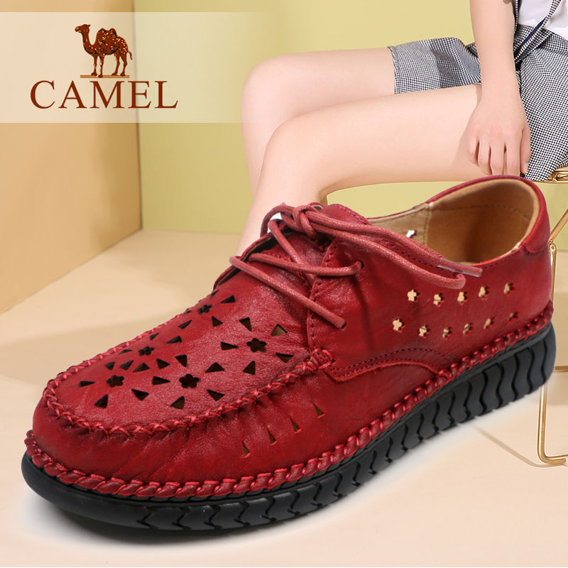 Camel/Camel Women's Shoes Comfortable Summer Leisure Cowhide Medium-heel Thick-soled Fashion Young Women's Sandals Chaozhou