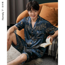 Pajamas mens summer silk ice silk short-sleeved shorts Home clothes Mens mens summer thin simulation silk suit