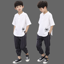 Childrens clothes boy summer clothing suit 2022 new summer cotton linen CUHK Boy short sleeves Two sets 13-year-old damp