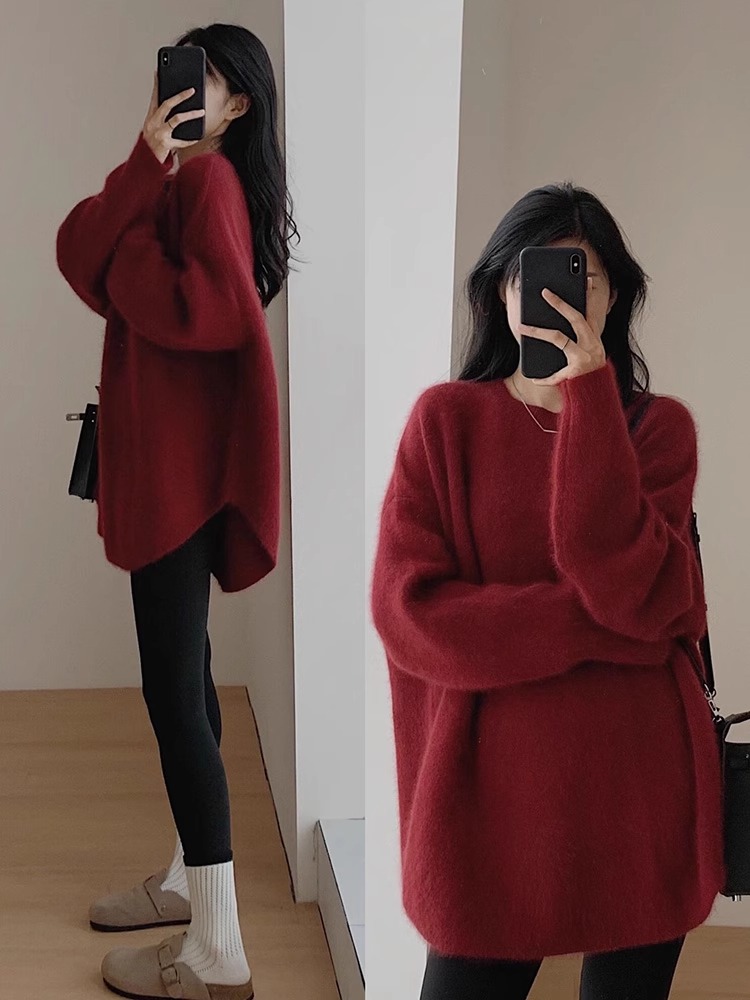 新年赤いセーター女性の秋と冬の韓国スタイルルーズアウターミッドレングスセーター2022新しい怠惰なスタイルトップ