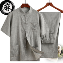 Summer middle-aged and elderly people linen short sleeve nan tang zhuang thin tunic cotton suit L grandpa a two-piece set