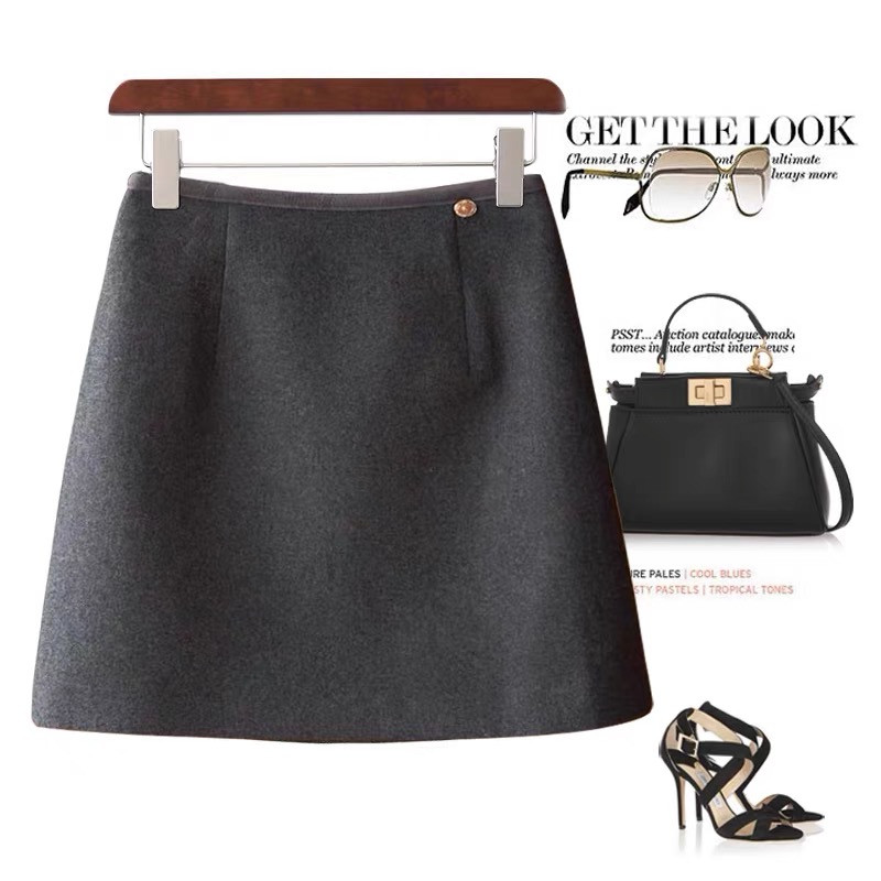 秋冬の女性のための黒のショートスカート新しいスタイルのハイウエストスリムグレーウールAラインスカート、パイピングボタン付き