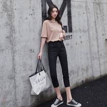 Capri pants womens jeans Autumn Spring and Autumn black high waist small man eight points thin slim slim slim stretch tight feet