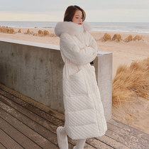 Diamond-shaped plaid down cotton-padded clothing womens long knee 2021 Winter loose waist thin ins fur collar coat tide