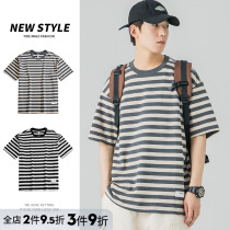 Woodsoon Strip T-shirt men summer with hundred and clothes in trend teen blouse teen blouse blouse heavy sleeve men