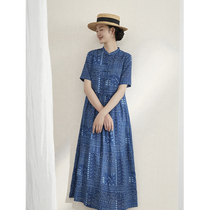 For example summer imitation blue dye printed short-sleeved dress literary women handmade buckle Ramie modified cheongsam skirt